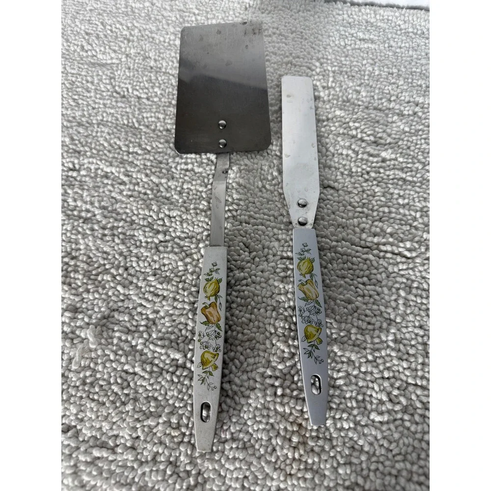 Vintage Stainless Steel Spatula and Spreader Set Vegetable Pattern Made in USA